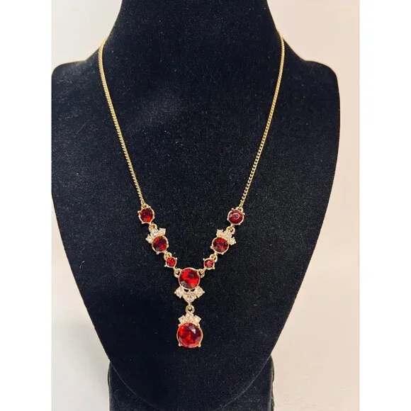 Givenchy Gold Tone With Red And Clear Crystals Statement Necklace (6299) - Picture 1 of 7